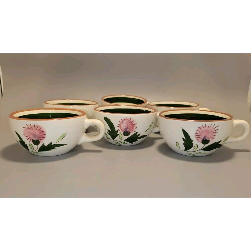 Vtg Stangl Pottery Set 6 Thistle Coffee Tea Cups Hand Painted Low Profile MCM